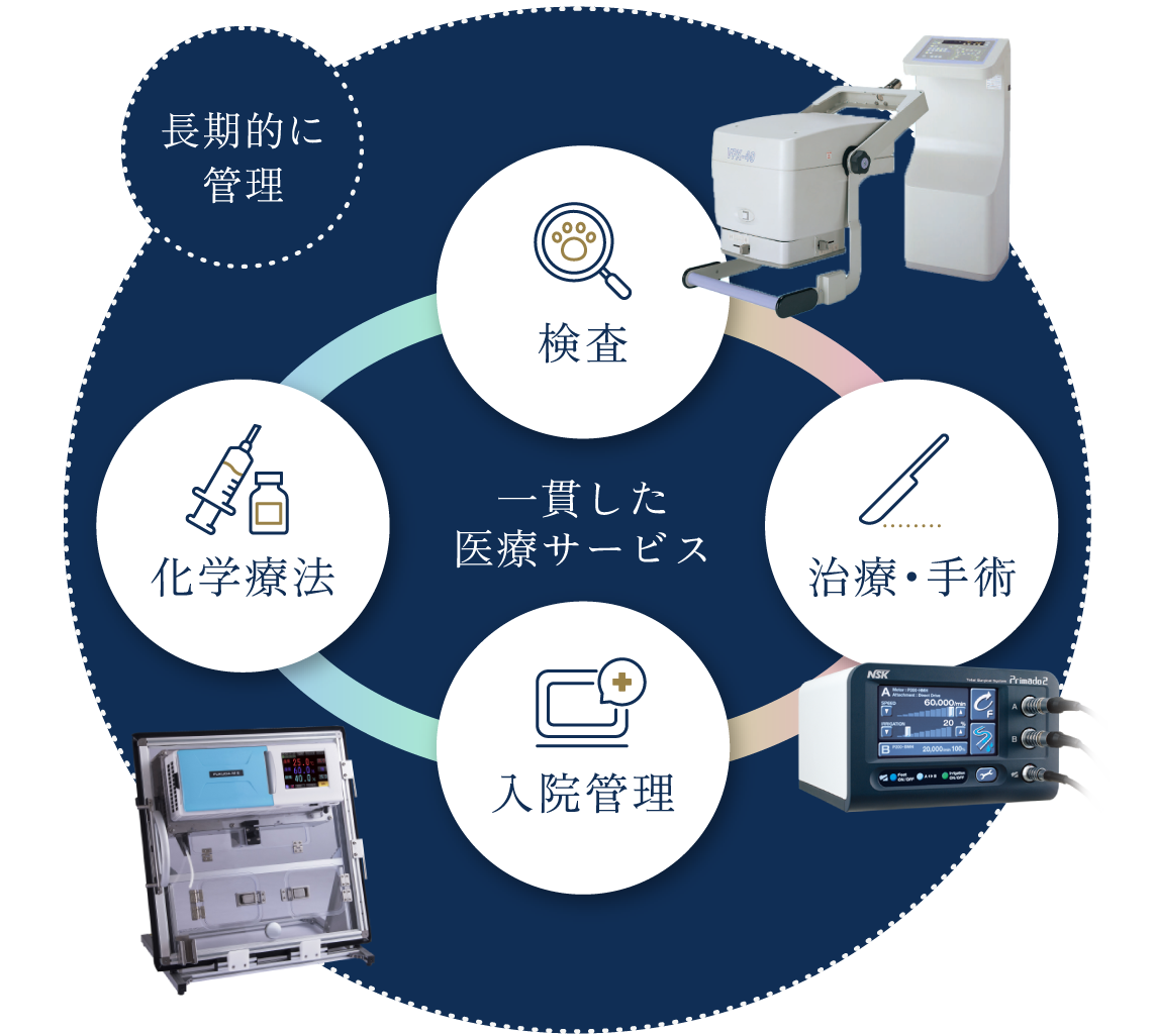 一貫した医療サービス(検査→治療・手術→入院管理→化学療法→検査…)長期的に管理